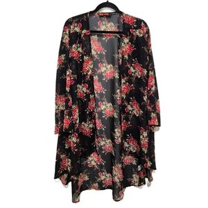 Love Tree Floral Print Kimono Cardigan Black Red Long Sheer Duster Size Small